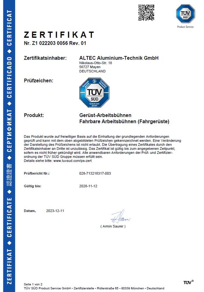 Rollfix TÜV Zertifikat